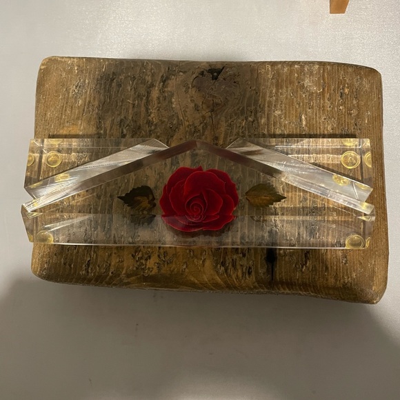 Vintage Red Rose Bircraft-Style Business Card Recipe Holder Clear Lucite Acrylic - Picture 5 of 12